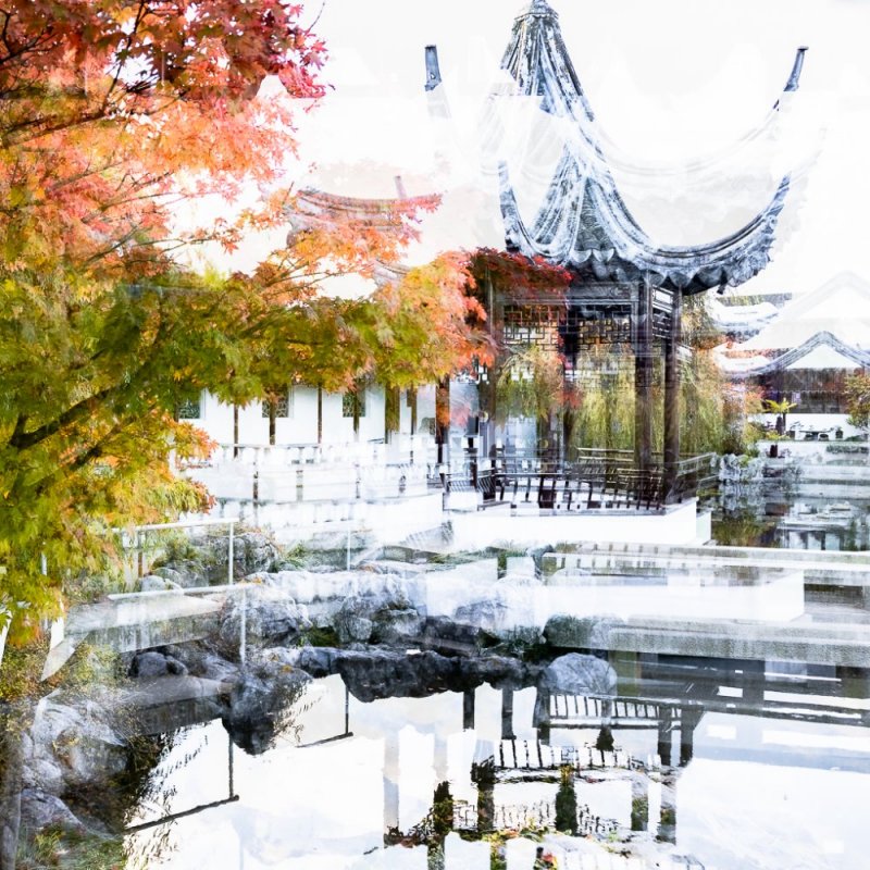 Double Exposure Autumn Chinese Gardens  photographic print for sale